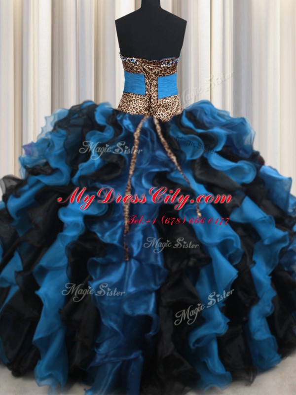 Exquisite Leopard Two Tone V-neck Sleeveless Organza and Printed Sweet 16 Dress Beading and Ruffles Lace Up