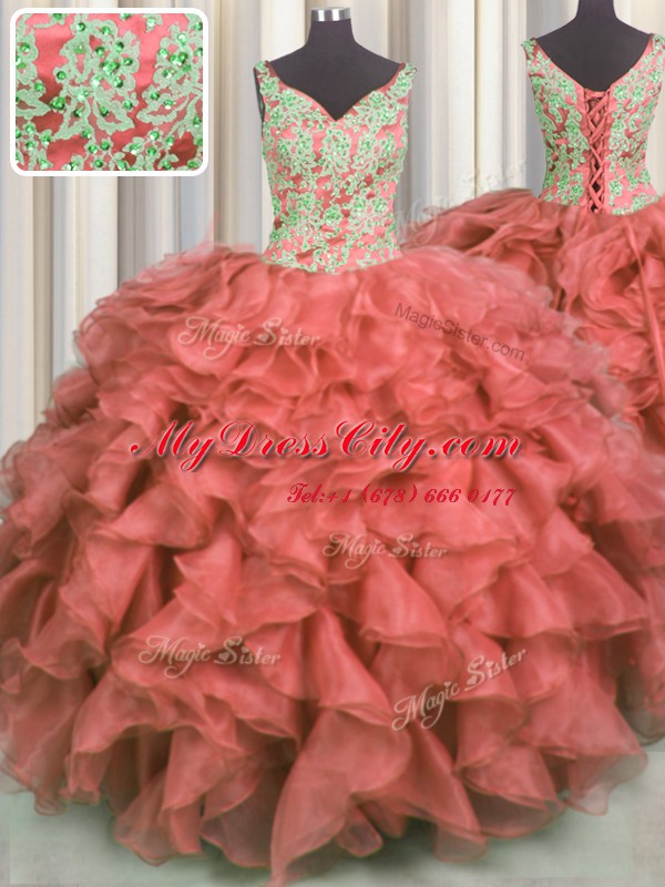 V Neck Sleeveless High Low Beading and Ruffles Lace Up 15th Birthday Dress with Coral Red