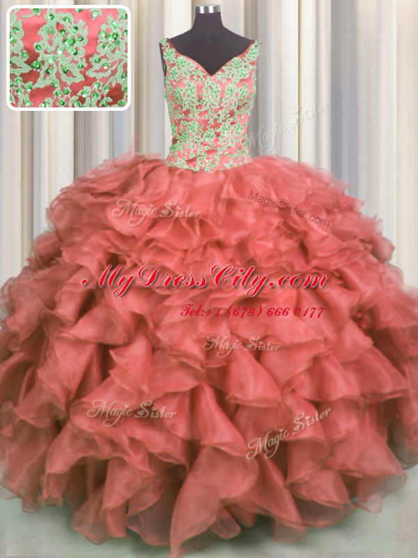 V Neck Sleeveless High Low Beading and Ruffles Lace Up 15th Birthday Dress with Coral Red