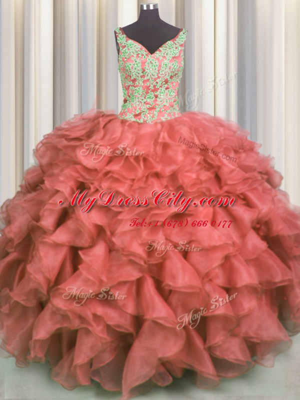 V Neck Sleeveless High Low Beading and Ruffles Lace Up 15th Birthday Dress with Coral Red