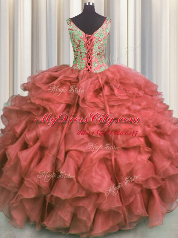 V Neck Sleeveless High Low Beading and Ruffles Lace Up 15th Birthday Dress with Coral Red