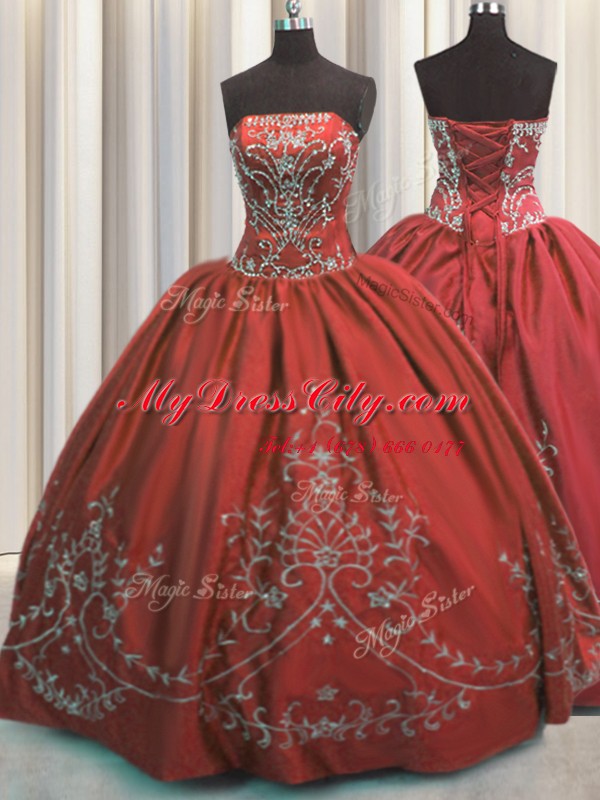 Perfect Embroidery Ball Gowns 15th Birthday Dress Wine Red Strapless Taffeta Sleeveless Floor Length Lace Up