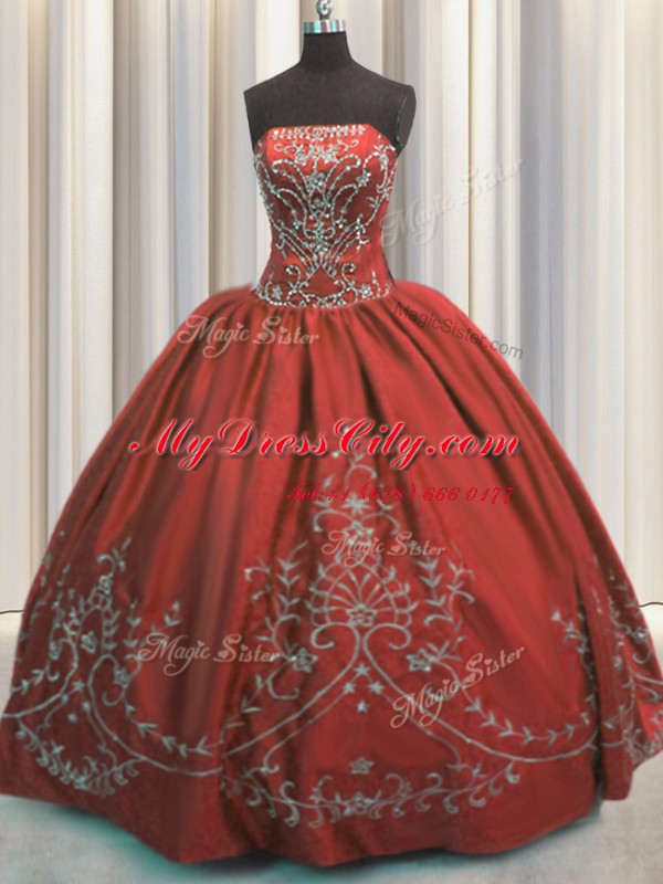 Perfect Embroidery Ball Gowns 15th Birthday Dress Wine Red Strapless Taffeta Sleeveless Floor Length Lace Up