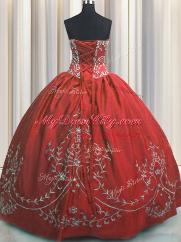 Perfect Embroidery Ball Gowns 15th Birthday Dress Wine Red Strapless Taffeta Sleeveless Floor Length Lace Up