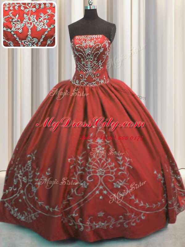 Perfect Embroidery Ball Gowns 15th Birthday Dress Wine Red Strapless Taffeta Sleeveless Floor Length Lace Up