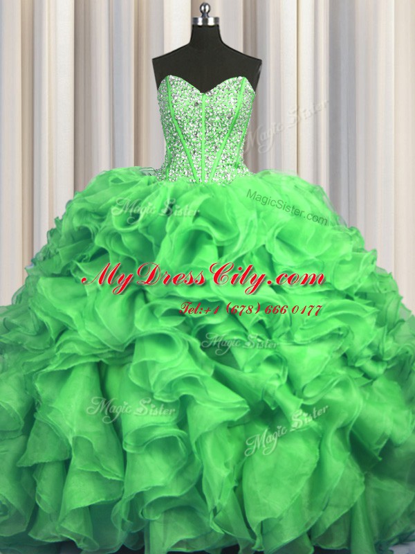 Visible Boning Bling-bling Sleeveless Sweep Train Beading and Ruffles With Train Sweet 16 Dresses