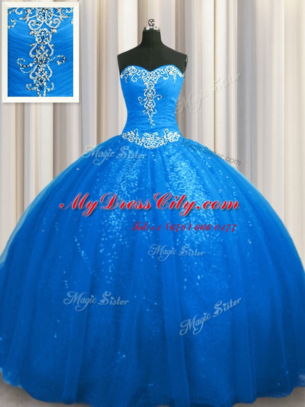 Comfortable Sequined Blue Sweet 16 Dresses Military Ball and Sweet 16 and Quinceanera and For with Beading and Appliques Sweetheart Sleeveless Court Train Lace Up