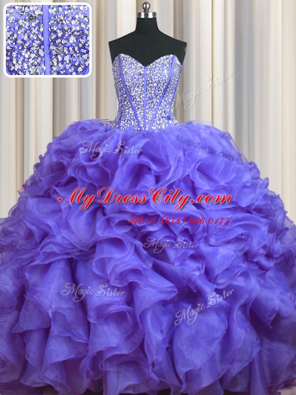 Bling-bling With Train Lace Up Quinceanera Dress Lavender for Military Ball and Sweet 16 and Quinceanera with Beading and Ruffles Brush Train