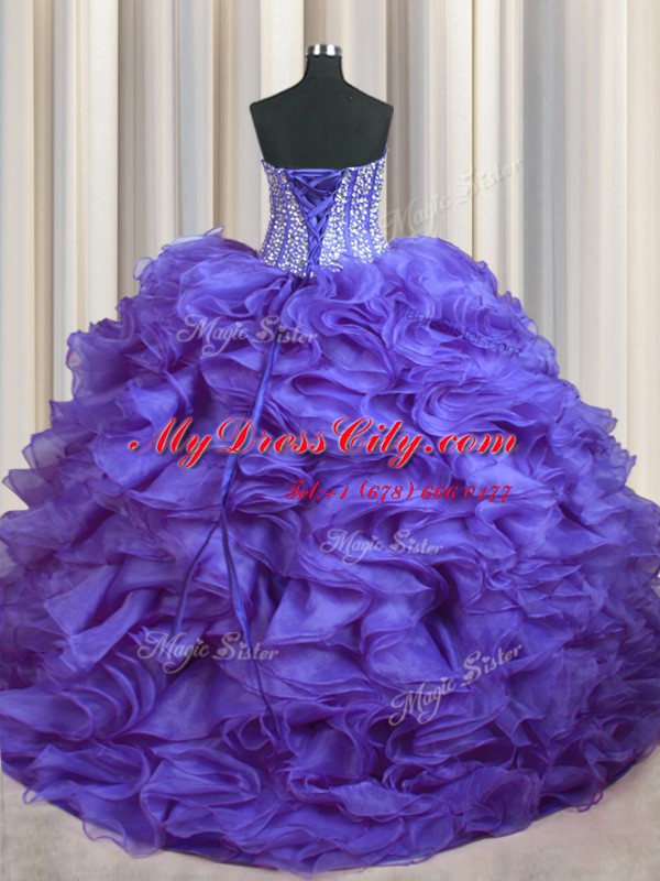 Bling-bling With Train Lace Up Quinceanera Dress Lavender for Military Ball and Sweet 16 and Quinceanera with Beading and Ruffles Brush Train