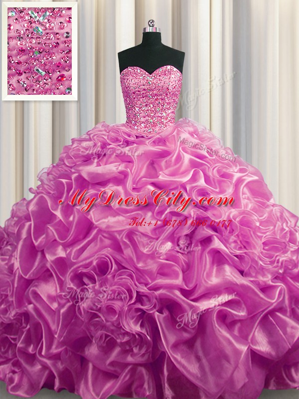 Dazzling Pick Ups Sweetheart Sleeveless Court Train Lace Up Ball Gown Prom Dress Lilac Organza