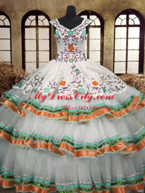 Deluxe Sleeveless Floor Length Embroidery and Ruffled Layers Lace Up Quinceanera Dresses with Multi-color