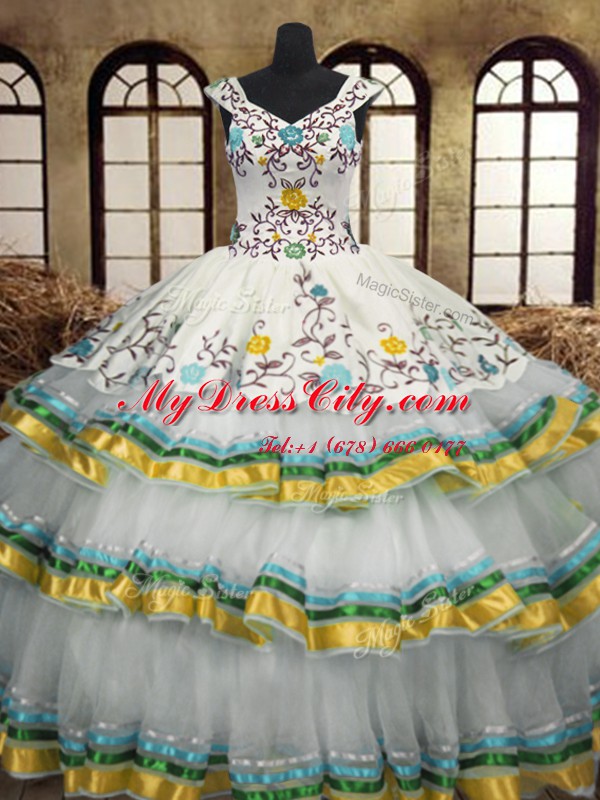 Smart Multi-color A-line Embroidery and Ruffled Layers Quince Ball Gowns Lace Up Organza Sleeveless Floor Length