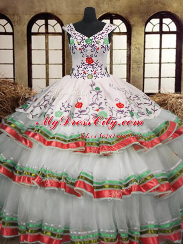 Custom Designed Multi-color Lace Up V-neck Embroidery and Ruffled Layers Quinceanera Dresses Organza Sleeveless