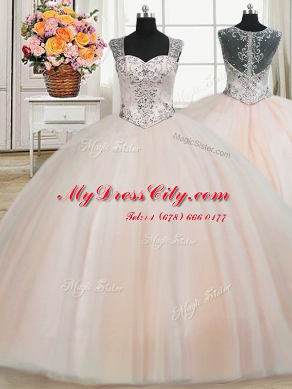 Affordable See Through Back Zipper Up Straps Floor Length Peach Quinceanera Gown Tulle Cap Sleeves Beading