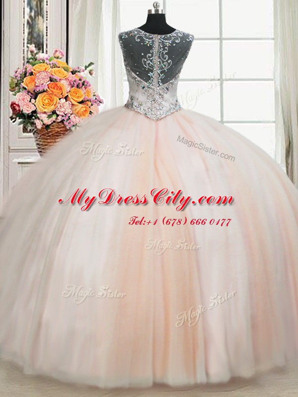 Affordable See Through Back Zipper Up Straps Floor Length Peach Quinceanera Gown Tulle Cap Sleeves Beading