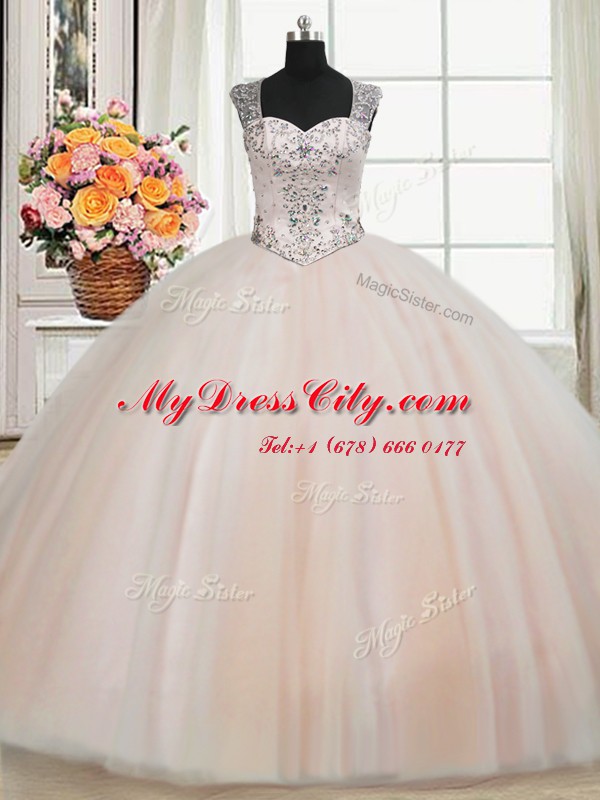 Affordable See Through Back Zipper Up Straps Floor Length Peach Quinceanera Gown Tulle Cap Sleeves Beading