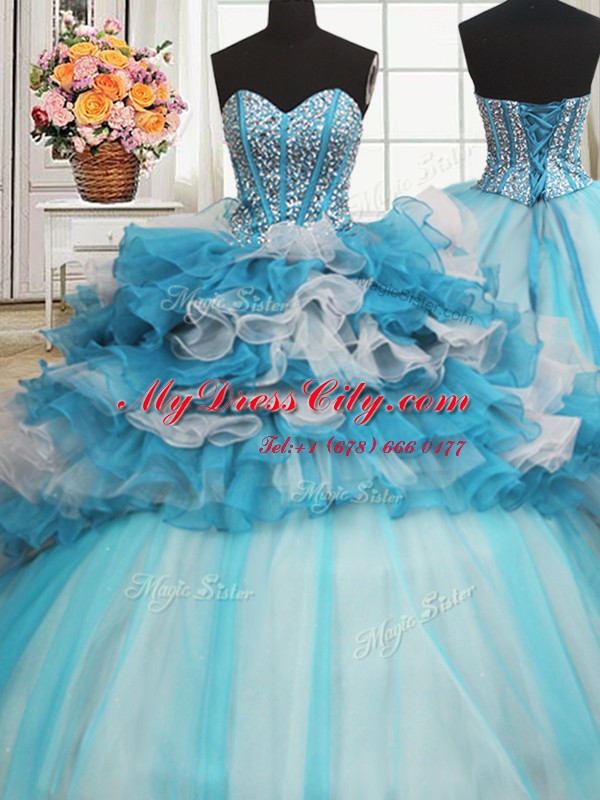 Visible Boning Beaded Bodice Blue And White Sleeveless Beading and Ruffled Layers Floor Length Vestidos de Quinceanera