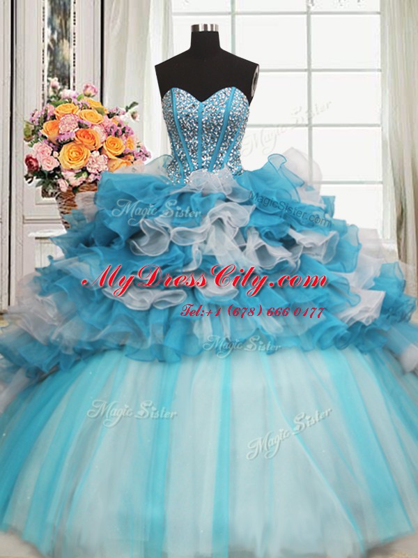 Visible Boning Beaded Bodice Blue And White Sleeveless Beading and Ruffled Layers Floor Length Vestidos de Quinceanera