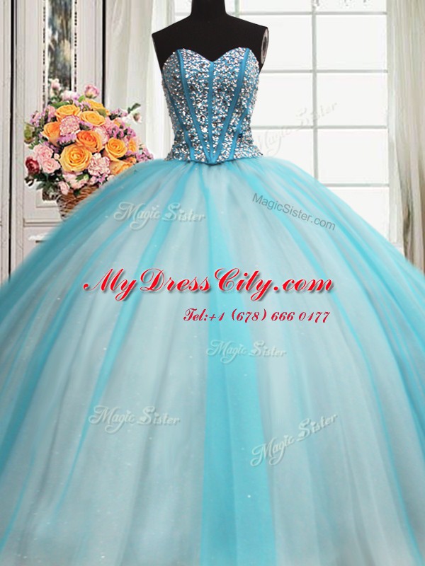 Visible Boning Beaded Bodice Blue And White Sleeveless Beading and Ruffled Layers Floor Length Vestidos de Quinceanera