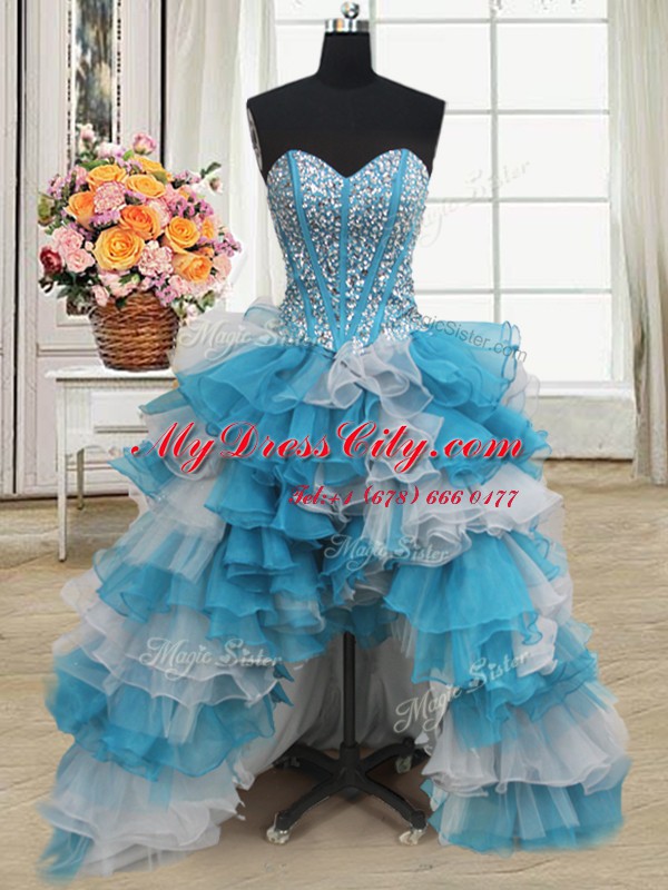 Visible Boning Beaded Bodice Blue And White Sleeveless Beading and Ruffled Layers Floor Length Vestidos de Quinceanera