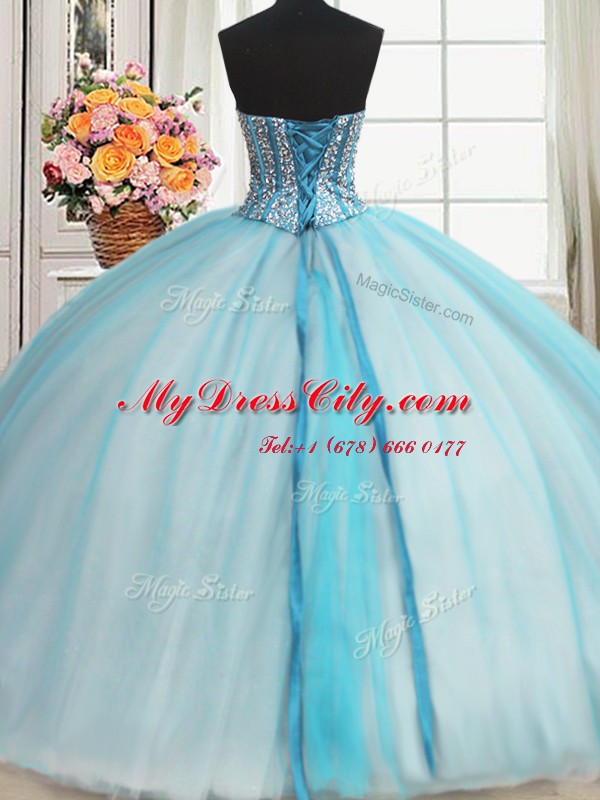 Visible Boning Beaded Bodice Blue And White Sleeveless Beading and Ruffled Layers Floor Length Vestidos de Quinceanera