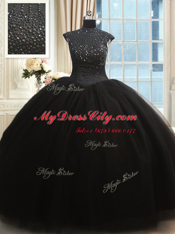 Comfortable High Neck Floor Length Black Quince Ball Gowns Tulle Cap Sleeves Beading