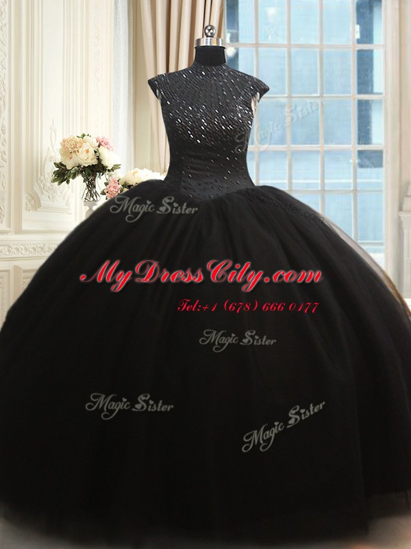 Comfortable High Neck Floor Length Black Quince Ball Gowns Tulle Cap Sleeves Beading