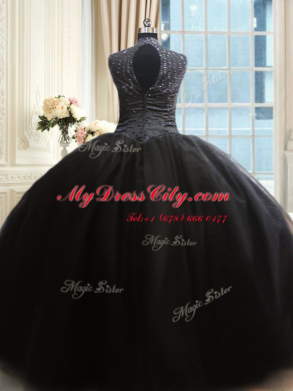 Comfortable High Neck Floor Length Black Quince Ball Gowns Tulle Cap Sleeves Beading