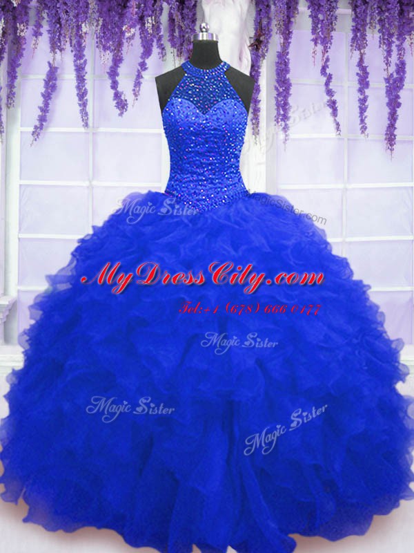 Artistic Sequins High-neck Sleeveless Lace Up Sweet 16 Dresses Royal Blue Organza