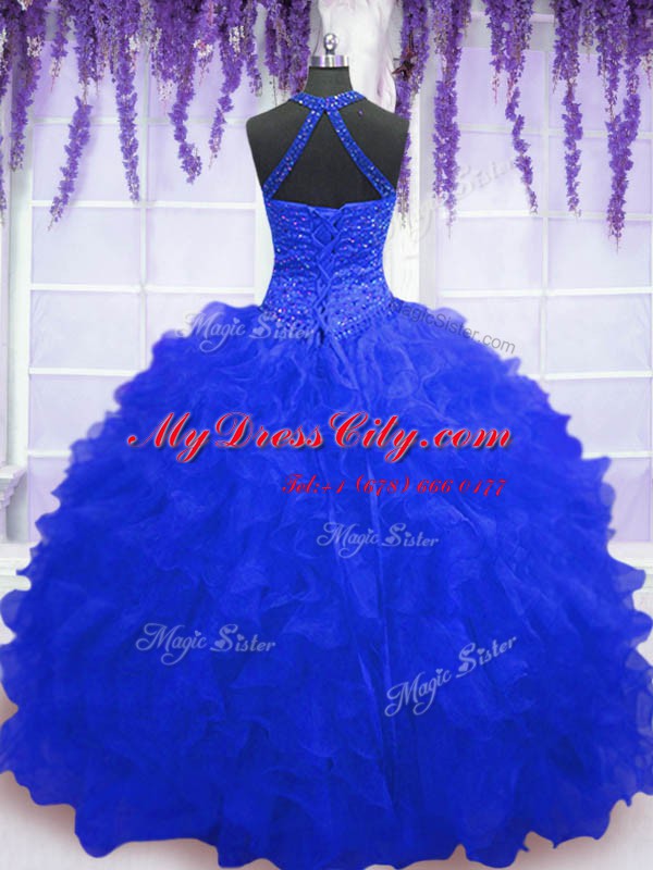 Artistic Sequins High-neck Sleeveless Lace Up Sweet 16 Dresses Royal Blue Organza