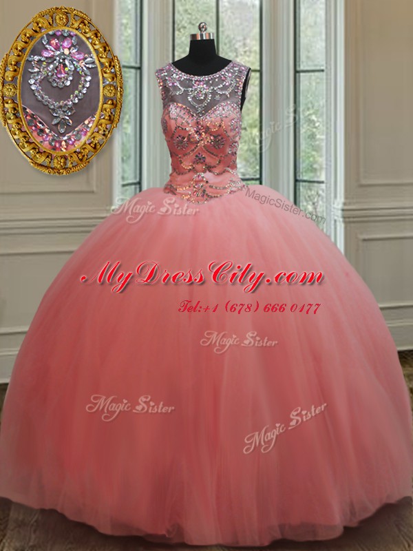 Nice Scoop Sleeveless Tulle Quinceanera Gowns Beading Lace Up