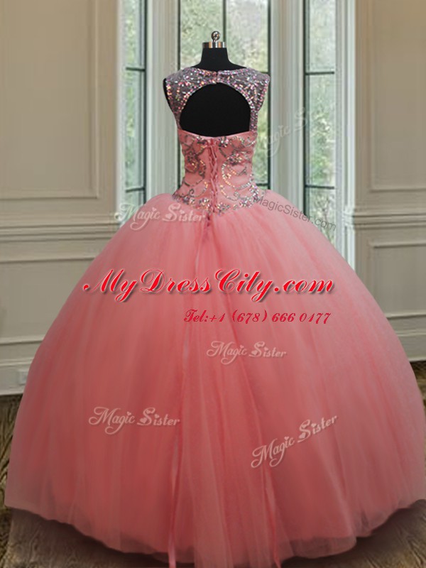 Nice Scoop Sleeveless Tulle Quinceanera Gowns Beading Lace Up