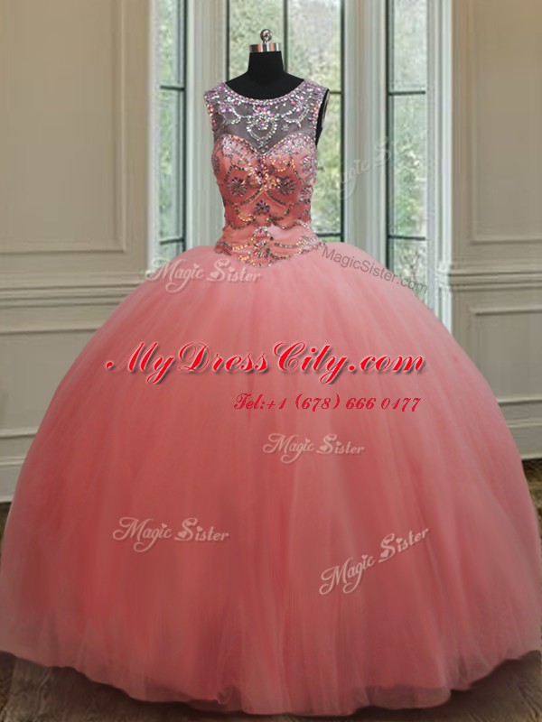 Nice Scoop Sleeveless Tulle Quinceanera Gowns Beading Lace Up