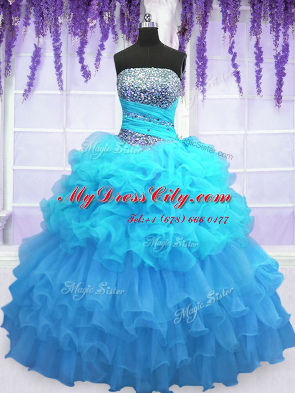 Aqua Blue Strapless Neckline Beading and Ruffled Layers and Pick Ups Vestidos de Quinceanera Sleeveless Lace Up