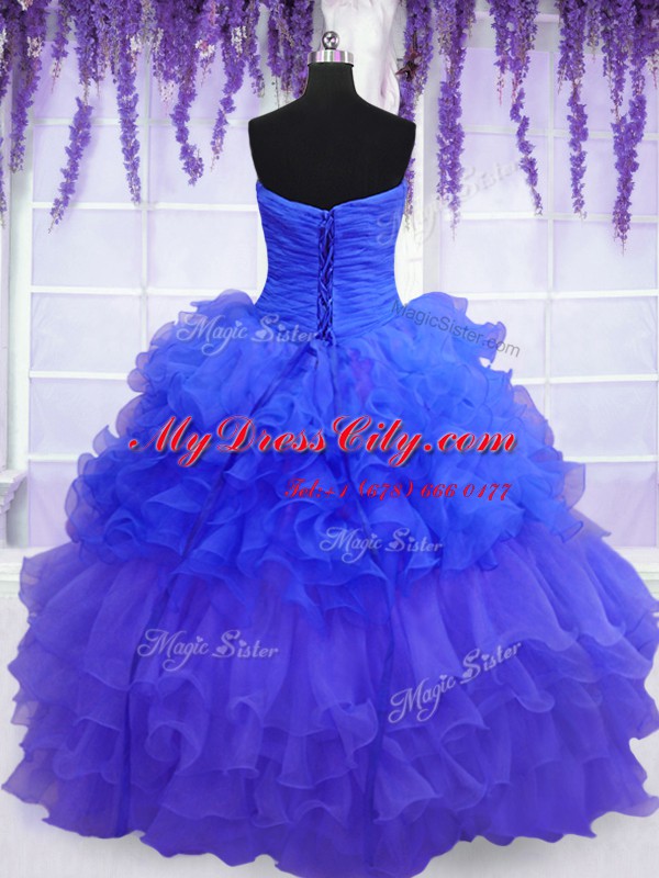 Aqua Blue Strapless Neckline Beading and Ruffled Layers and Pick Ups Vestidos de Quinceanera Sleeveless Lace Up