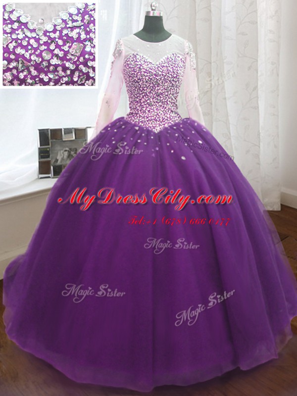 Eye-catching Scoop Long Sleeves Lace Up Sweet 16 Dress Purple for Military Ball and Sweet 16 and Quinceanera with Beading and Sequins Sweep Train