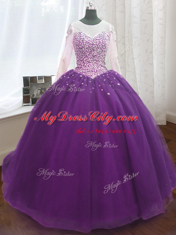 Eye-catching Scoop Long Sleeves Lace Up Sweet 16 Dress Purple for Military Ball and Sweet 16 and Quinceanera with Beading and Sequins Sweep Train