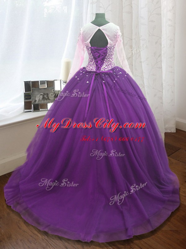 Eye-catching Scoop Long Sleeves Lace Up Sweet 16 Dress Purple for Military Ball and Sweet 16 and Quinceanera with Beading and Sequins Sweep Train