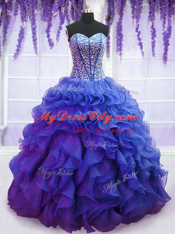 Organza Sleeveless Floor Length Quinceanera Dresses and Beading and Ruffles