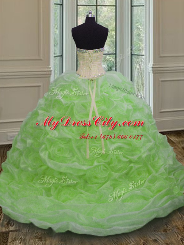 Stunning Lace Up Sweetheart Beading 15th Birthday Dress Organza Sleeveless Sweep Train