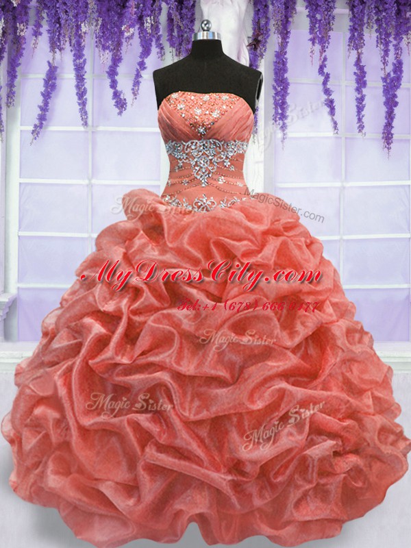 Modest Watermelon Red and Coral Red Ball Gowns Organza Strapless Sleeveless Beading Floor Length Lace Up Quinceanera Gowns