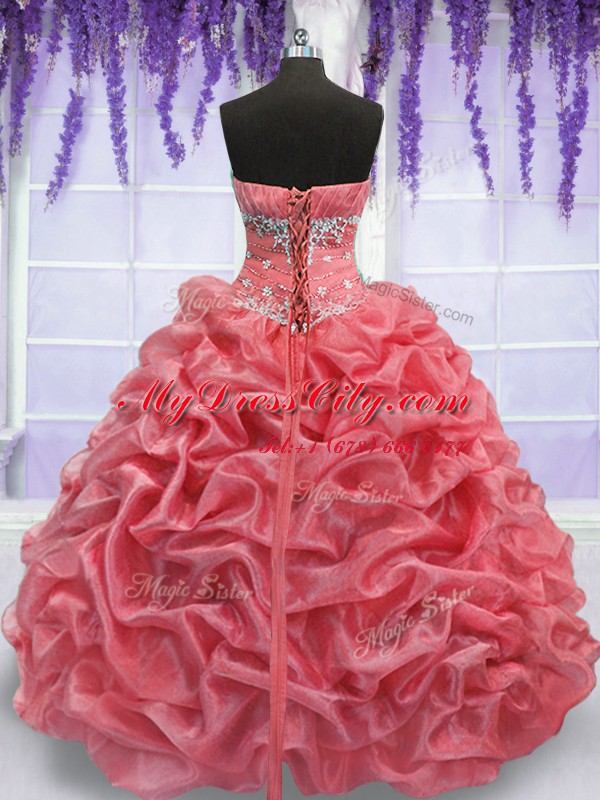 Modest Watermelon Red and Coral Red Ball Gowns Organza Strapless Sleeveless Beading Floor Length Lace Up Quinceanera Gowns