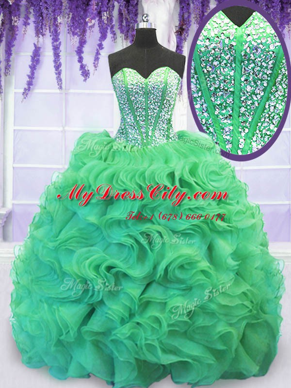 Turquoise Sweetheart Neckline Beading and Ruffles Vestidos de Quinceanera Sleeveless Lace Up