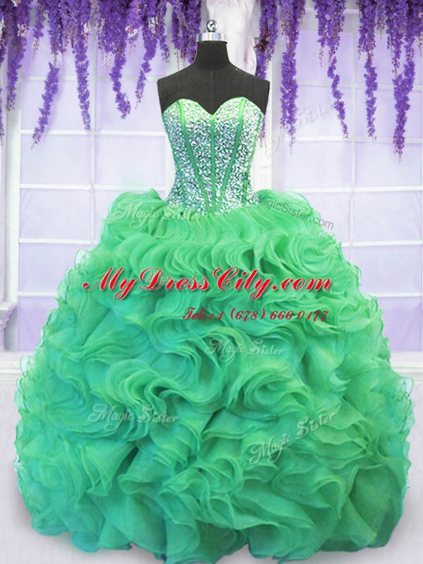 Turquoise Sweetheart Neckline Beading and Ruffles Vestidos de Quinceanera Sleeveless Lace Up