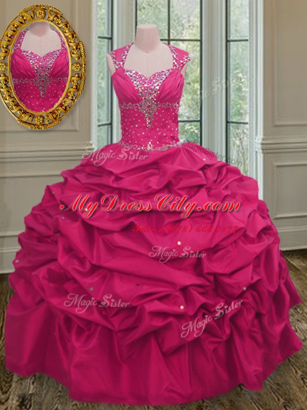 Dazzling Straps Hot Pink Taffeta Lace Up Sweet 16 Dress Sleeveless Floor Length Beading and Pick Ups