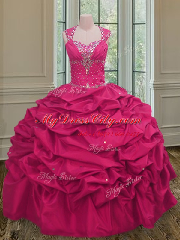 Dazzling Straps Hot Pink Taffeta Lace Up Sweet 16 Dress Sleeveless Floor Length Beading and Pick Ups