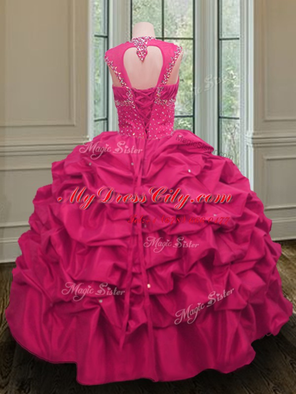 Dazzling Straps Hot Pink Taffeta Lace Up Sweet 16 Dress Sleeveless Floor Length Beading and Pick Ups