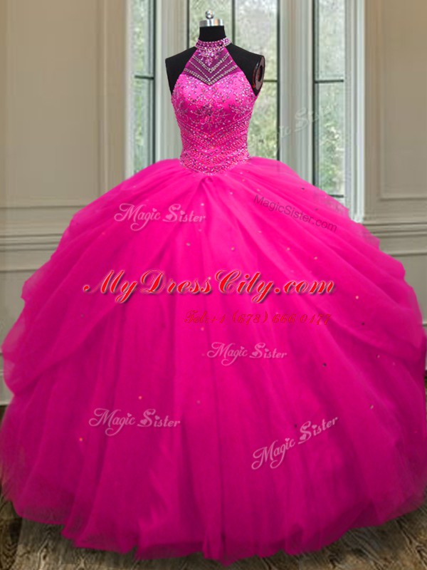 Dazzling Halter Top Sleeveless Tulle Quinceanera Gown Beading and Sequins Lace Up