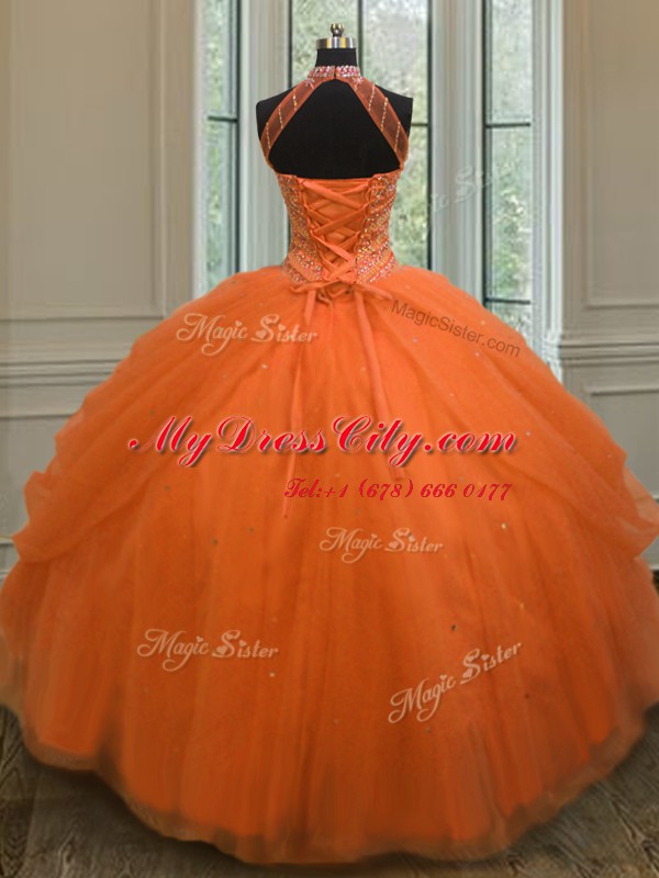 Dazzling Halter Top Sleeveless Tulle Quinceanera Gown Beading and Sequins Lace Up