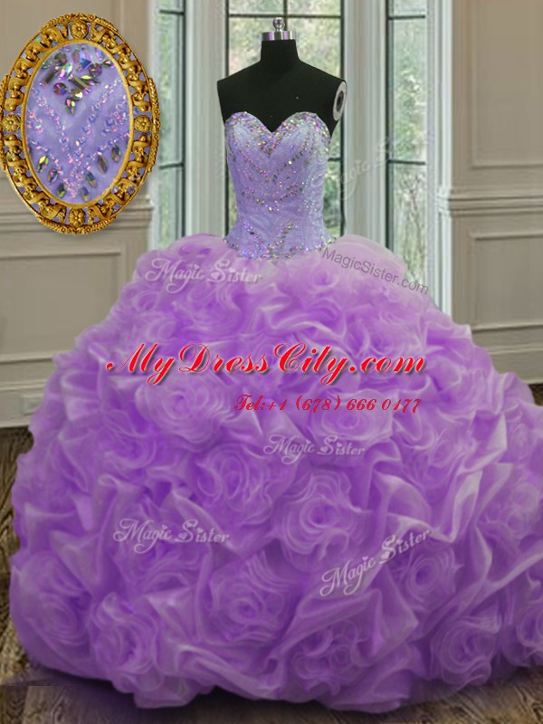 Stunning Lavender Organza Lace Up Sweetheart Sleeveless Quinceanera Gowns Sweep Train Beading